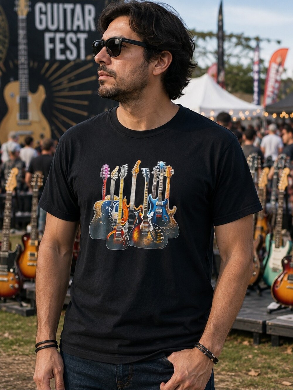 Vintage Electric Guitars Graphic T-Shirt Mens XL Black Music Rock Band T T-Shirt